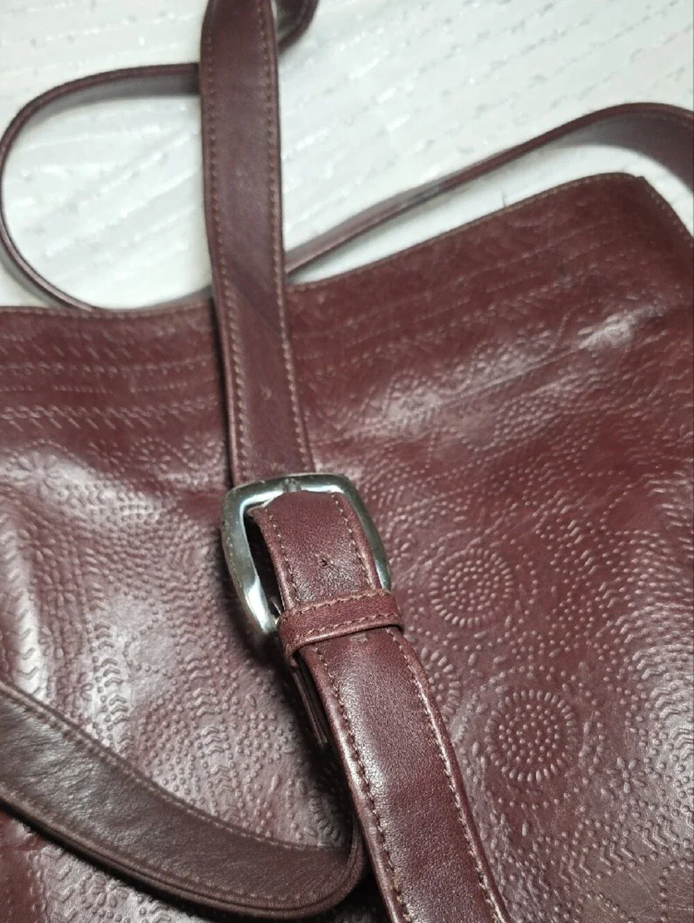 Fossil Vintage Dark Brown Tooled Leather Crossbody Bag